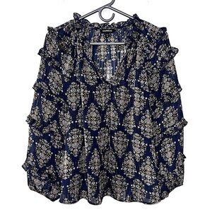 Express Blue Floral Metallic Ruffle V Neck Boho Blouse Size Medium